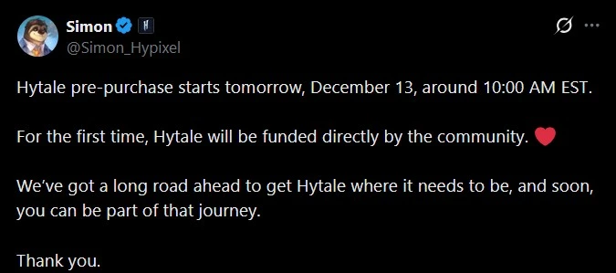 Hytale pre-order opening December 13 at 10 AM EST on store.hytale.com