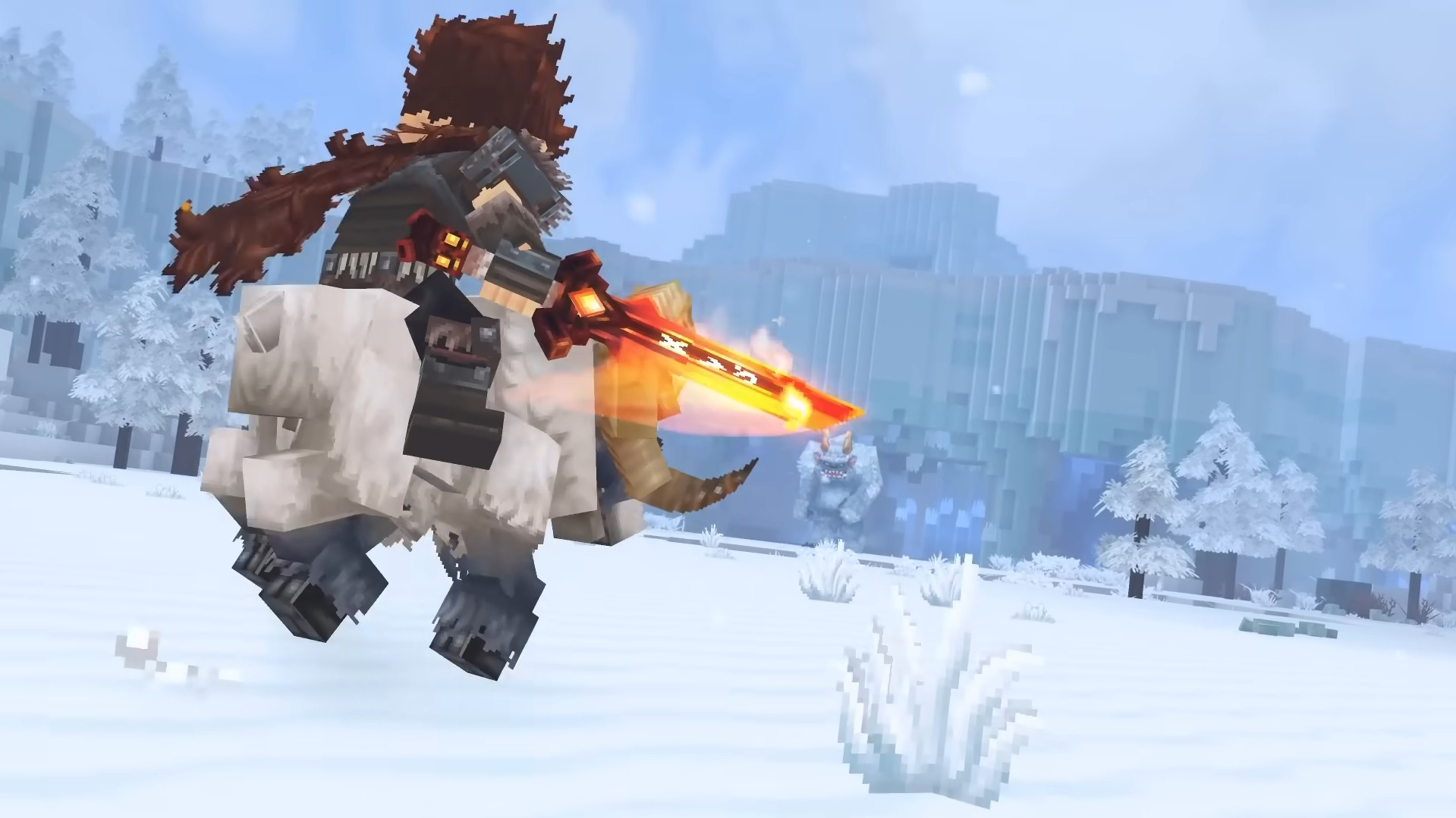A giant Yeti roaring in a blizzard, surrounded by Hytale players ready to fight